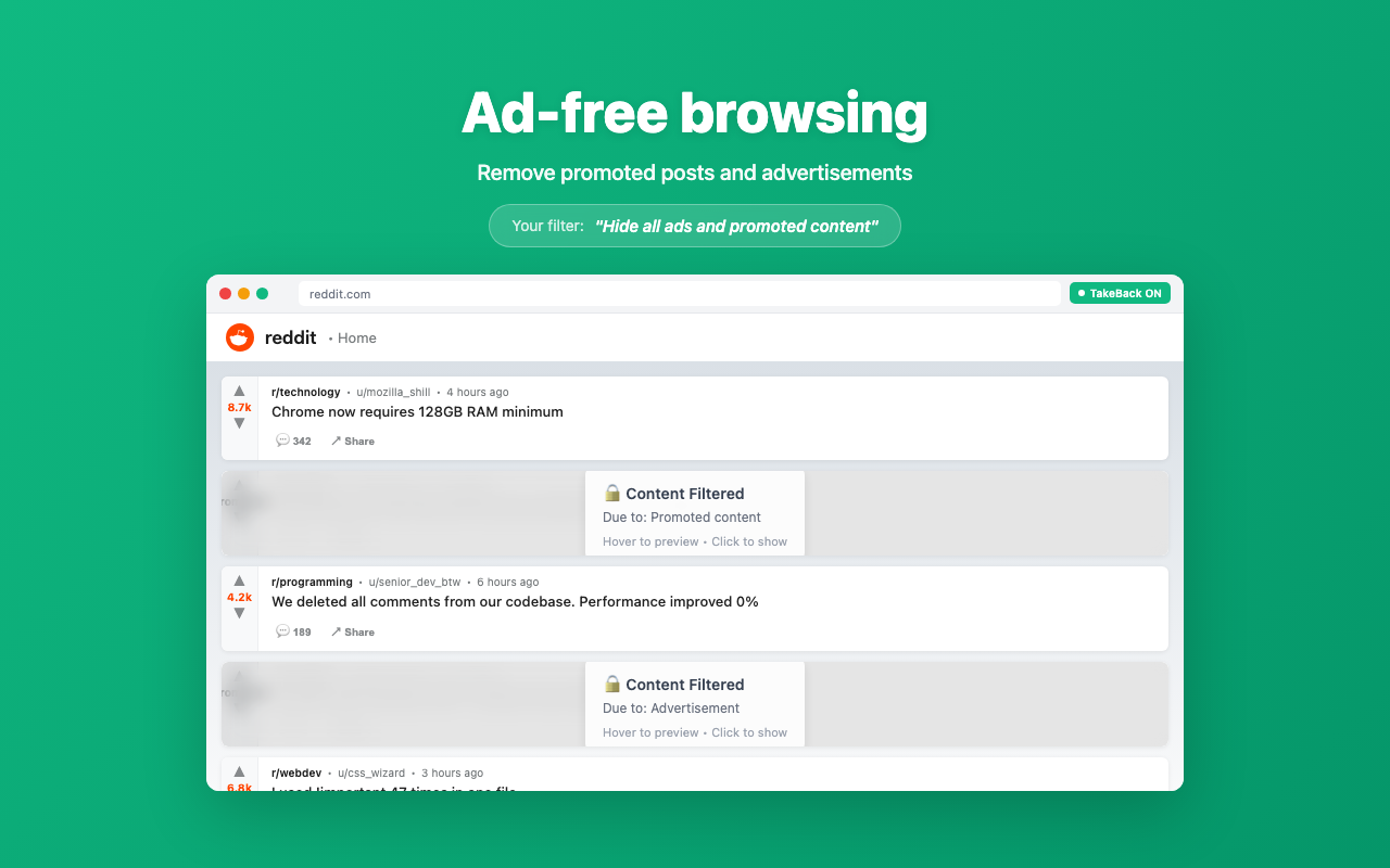 TakeBack blocking ads and sponsored content - Clean browsing experience without advertisements