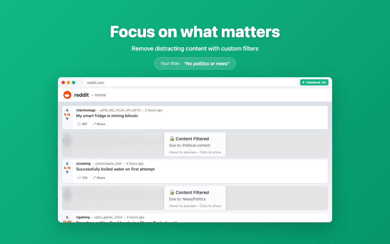 TakeBack filtering political content - Hide political discussions and culture war posts on social media