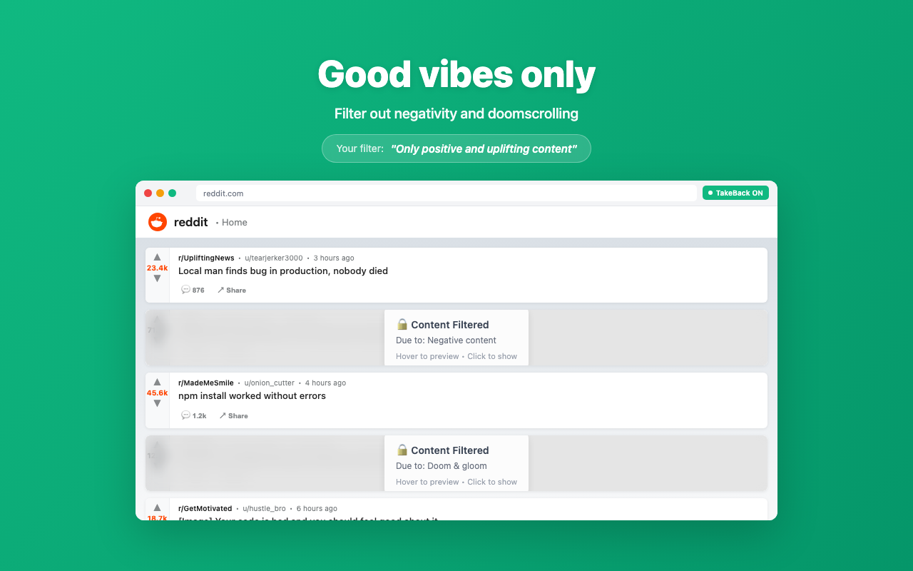 TakeBack filtering for positive content - Show only uplifting and constructive posts