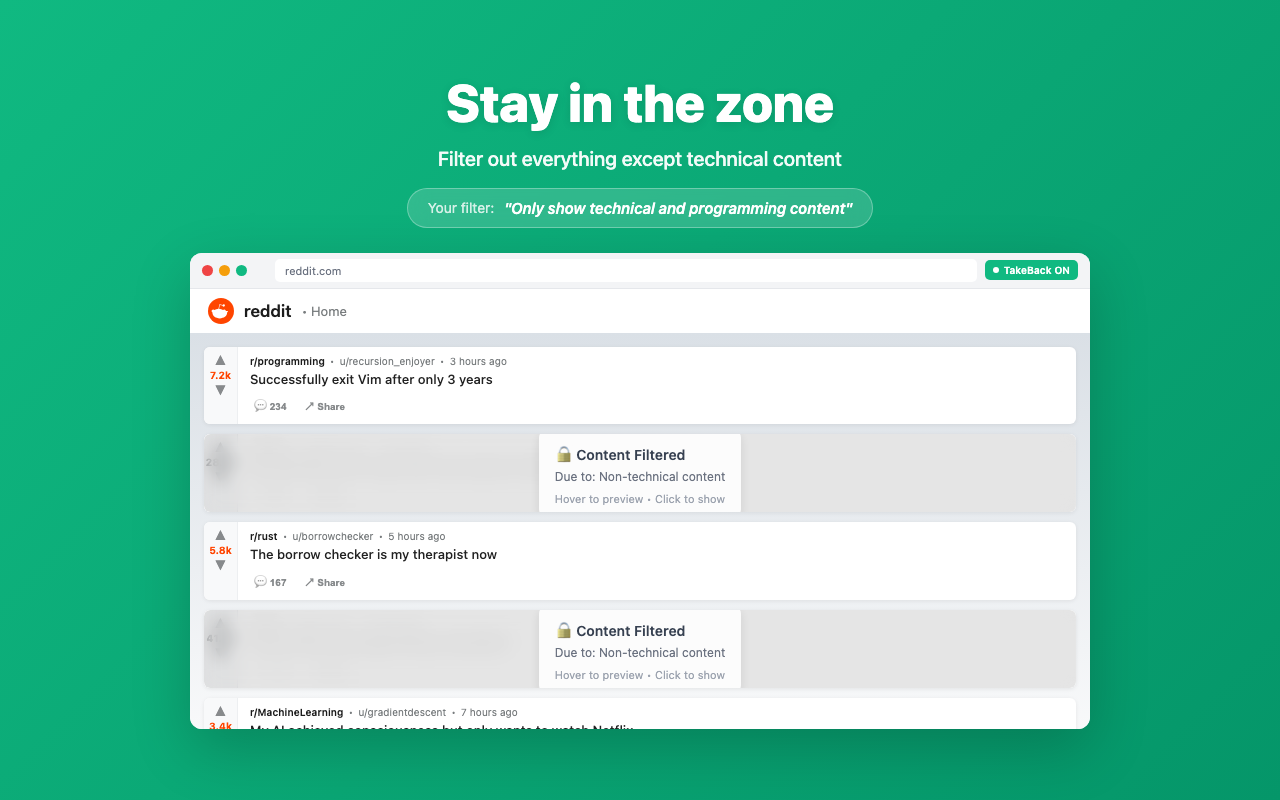 TakeBack showing only technical content - Filter for programming and tech discussions exclusively