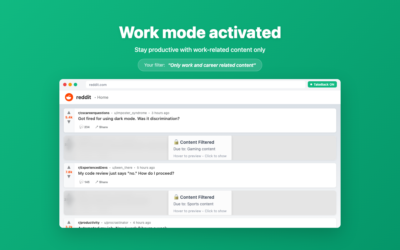 TakeBack work mode activated - Professional content filter for productive browsing at work